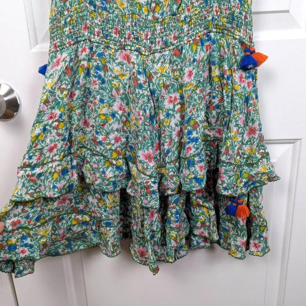 Poupette St Barth | Green Floral Sleeveless Keyhole Mini Dress Tassel Size Mediu